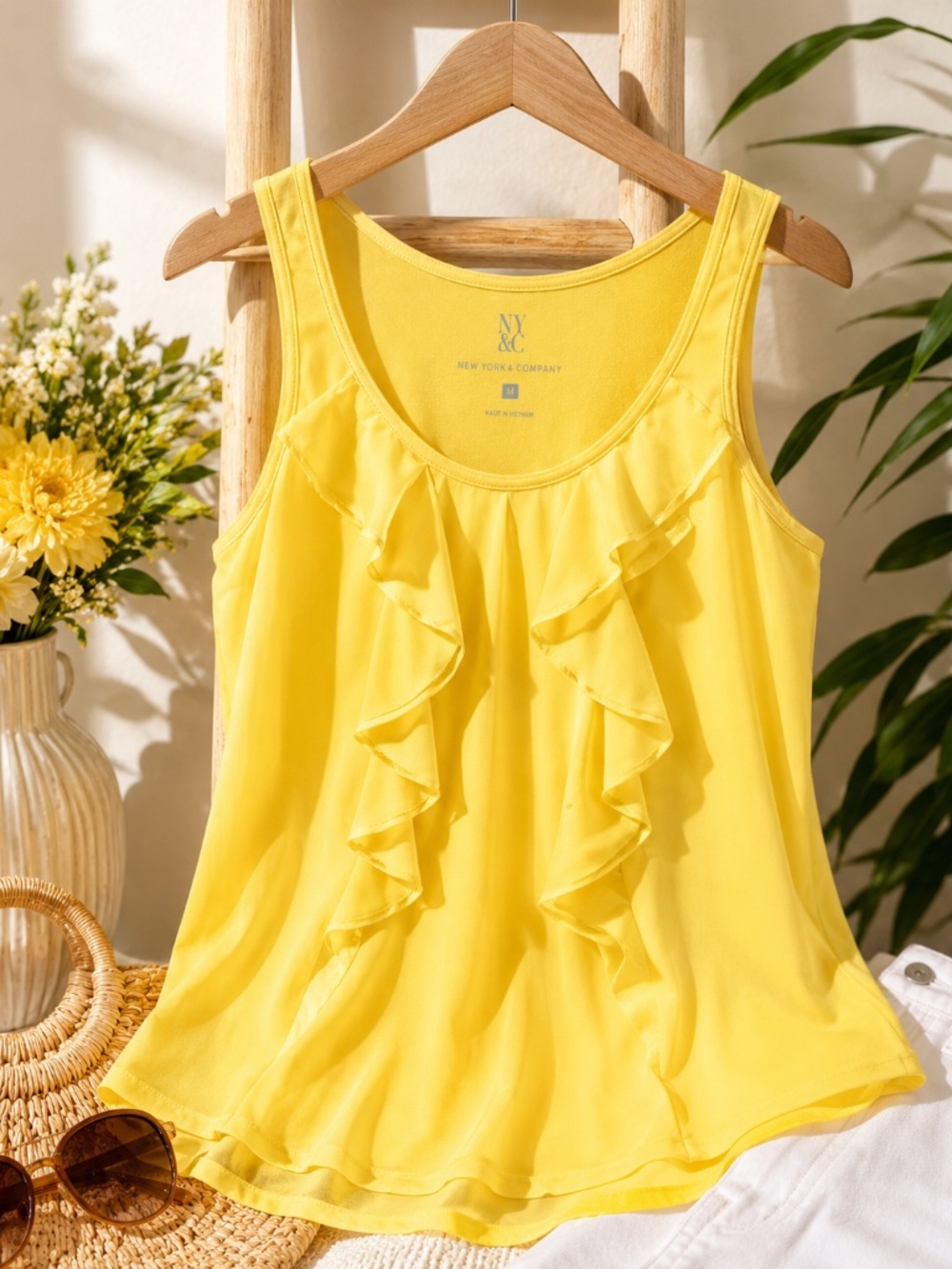 New York Company Feminine M Ruffle Front Flowy Tank Blouse Bright Yellow